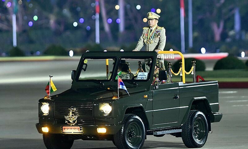 Myanmar’s junta chief military Min Aung Hlaing arrives to deliver a speech during a ceremony to mark the country’s Armed Forces Day in Naypyidaw on March 27, 2024.  — AFP