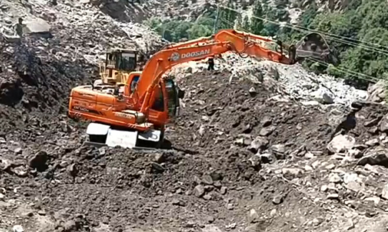 An excavator is used to conduct search operations amid debris in a flood-affected area, in Gilgit-Baltistan on August 2, 2025. &mdash; GB Disaster Management Authority