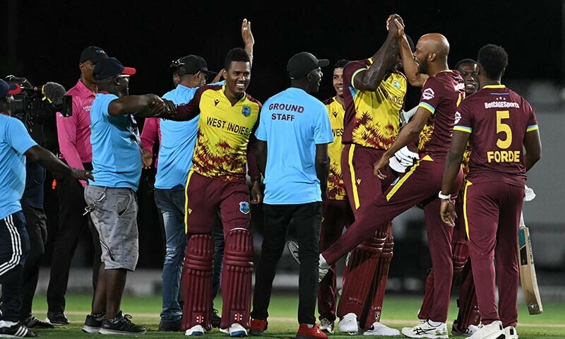 West Indies players celebrate after their team won the second Twenty20 (T20) international cricket match between West Indies and Pakistan at Central Broward Park & Broward County Stadium in Lauderhill, Florida, on August 2, 2025. &mdash; AFP