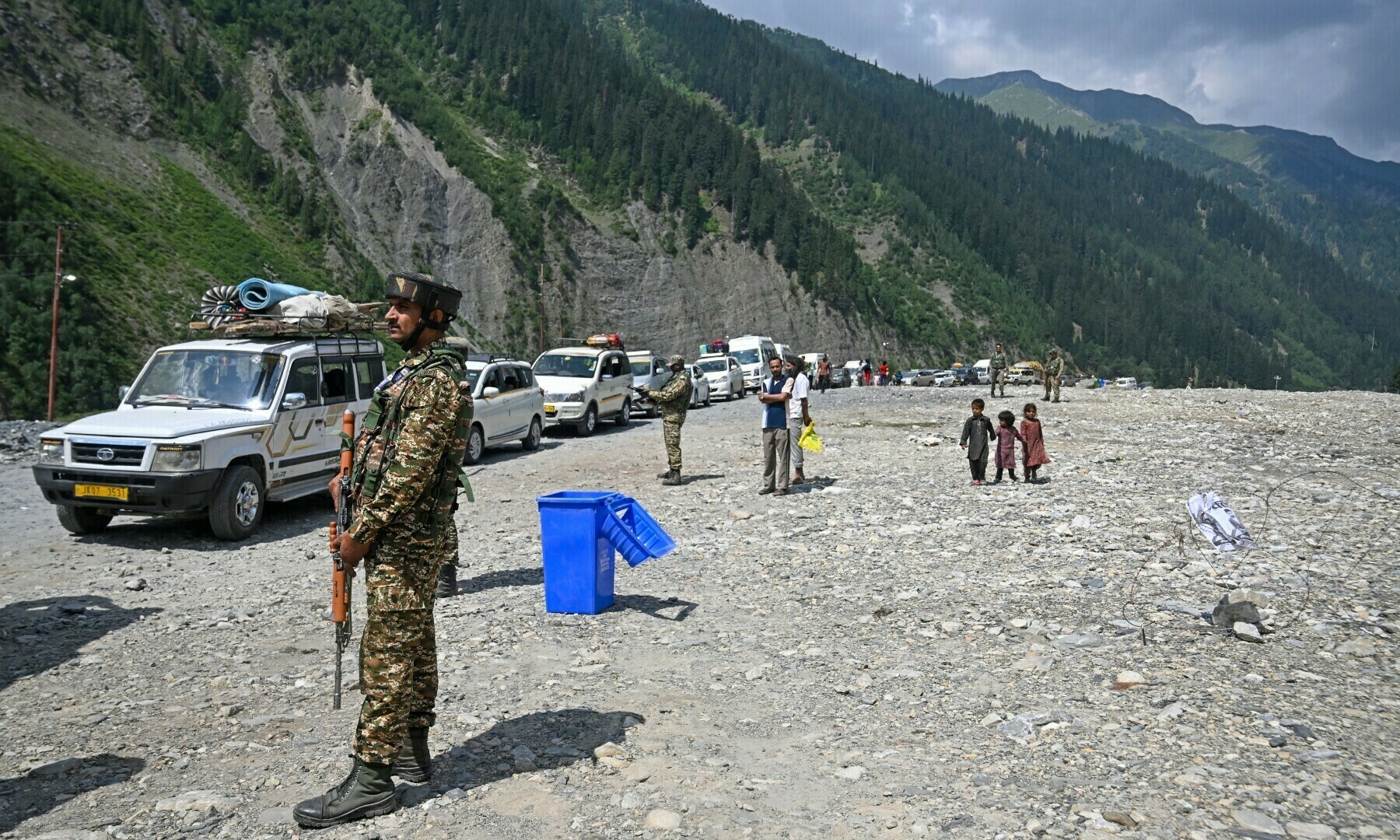 Indian security personnel patrol near a base camp in occupied Kashmir&rsquo;s Baltal on July 2, 2025, ahead of Amarnath Yatra, the annual Hindu pilgrimage. &mdash; AFP/File