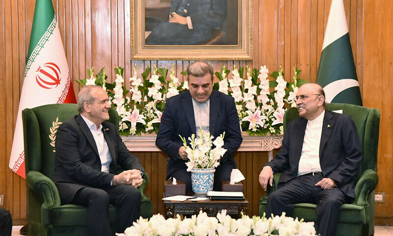Iranian President Masoud Pezeshkian and President Asif ali Zardari meet at the Presidency in Islamabad on August 3. — PID Iranian President Masoud Pezeshkian and President Asif ali Zardari meet at the Presidency in Islamabad on August 3. — PID