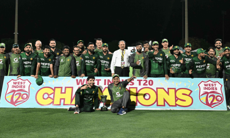 Pakistan players pose with the trophy after their team won the third Twenty20 (T20) international, sealing a 2&ndash;1 series victory over West Indies, at Central Broward Park & Broward County Stadium in Lauderhill, Florida, on August 3, 2025. &mdash; AFP