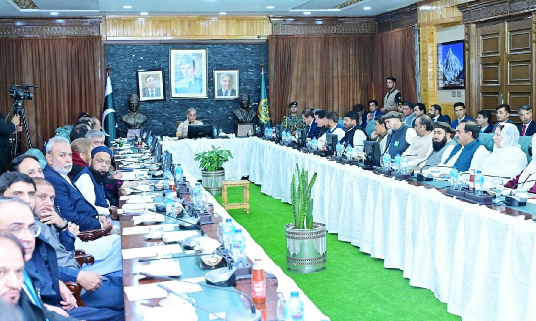 Prime Minister Shehbaz Sharif chairs a high-level meeting to review the flood damages from the recent monsoon rains and relief efforts, in Gilgit on Aug 4, 2025. &mdash; DawnNewsTV