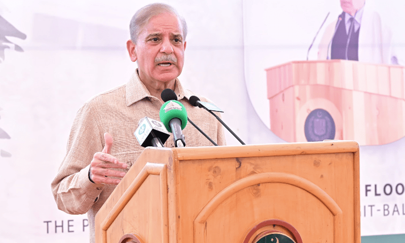 Prime Minister Shehbaz Sharif addresses a cheque-distribution ceremony for GB flood affectees, in Gilgit on Aug 4, 2025. &mdash; DawnNewsTV