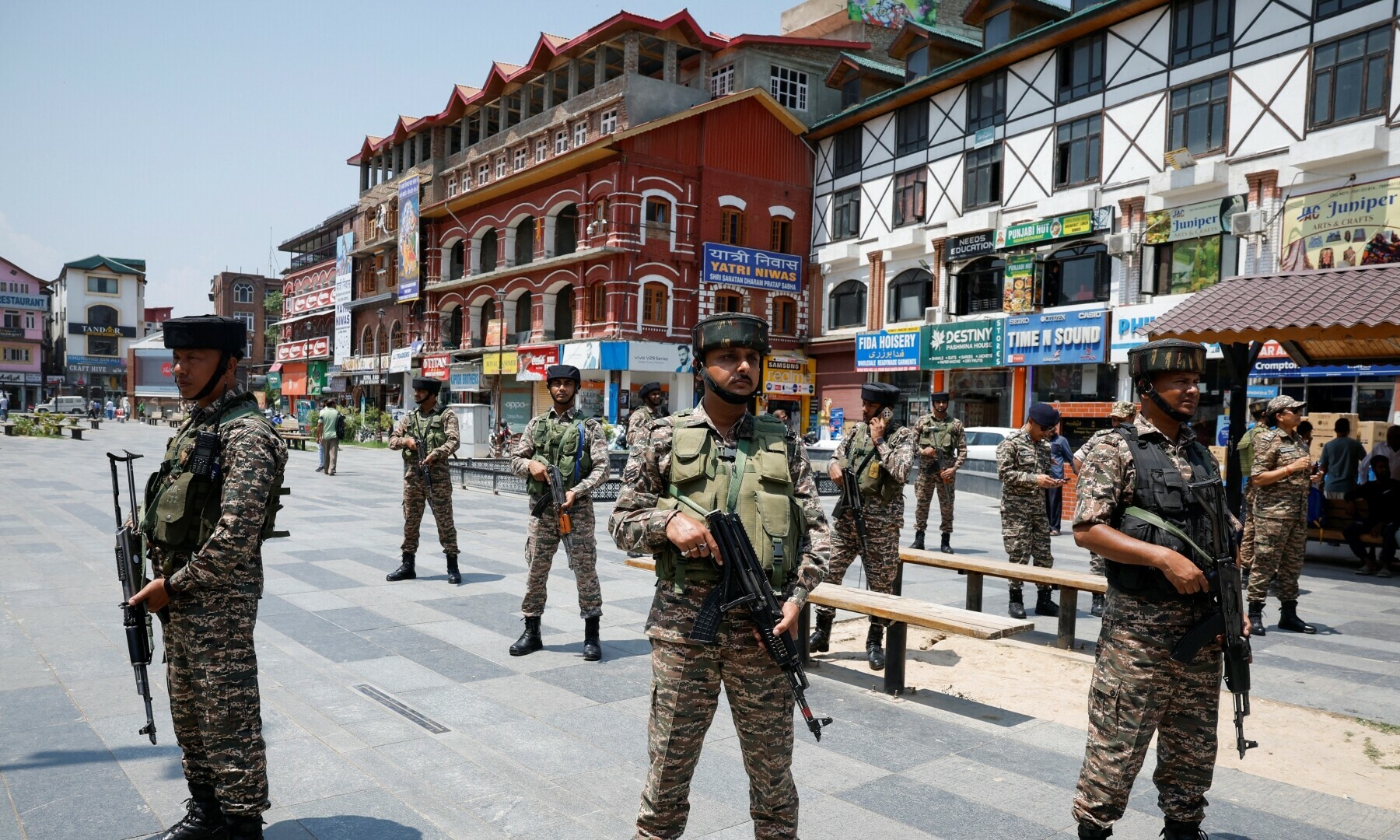 Indian security personnel stand guard on a street during the sixth anniversary of the revocation of Jammu and Kashmir&rsquo;s special status, in Srinagar, India-held Kashmir on Aug 5, 2025. &mdash; Reuters/Sharafat Ali
