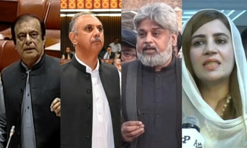 Image collage showing convicted PTI leaders from left to right: Shibli Faraz, Omar Ayub, Hamid Raza, and Zartaj Gul. &mdash; Dawn NewsTV