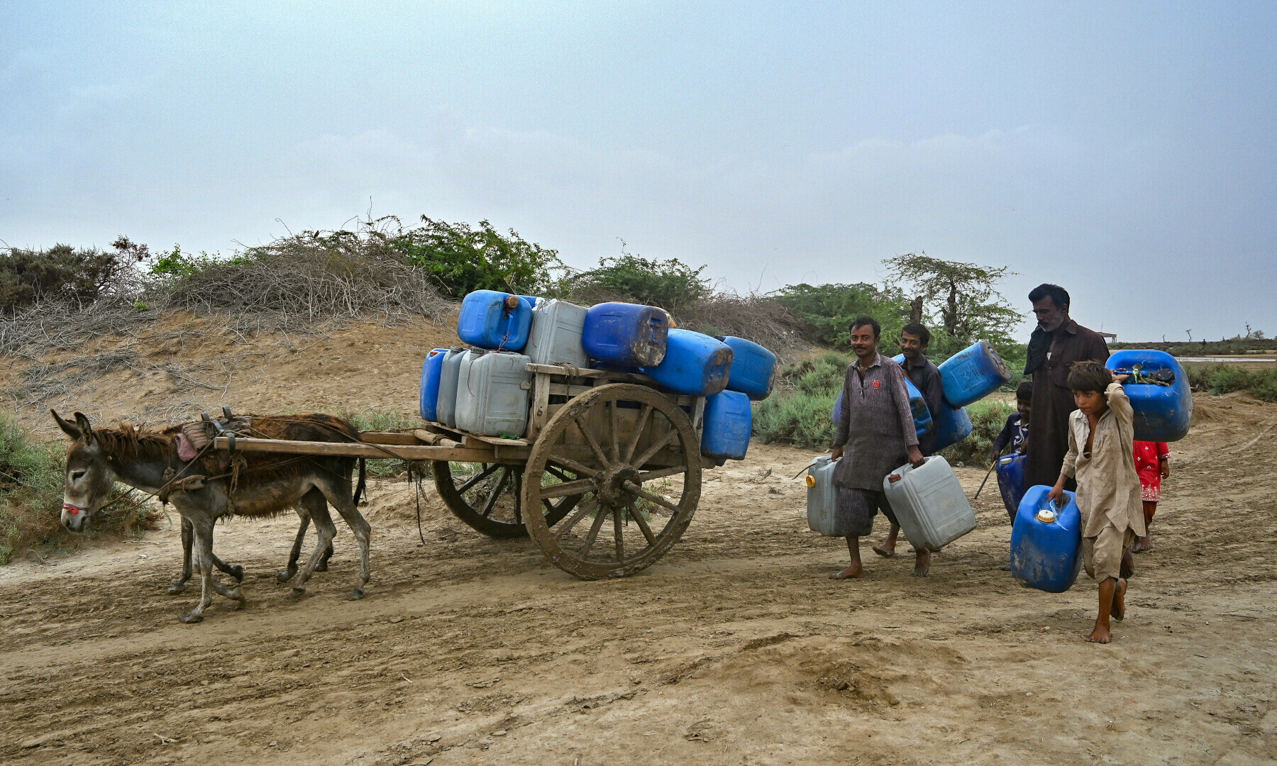 In this photograph taken on June 25, 2025, local residents carrying water cans move towards boats that bring drinkable water to one of the island villages of Kharo Chan town, in the Indus delta. &mdash; AFP