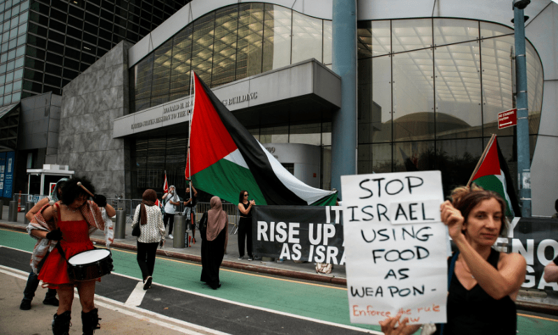 People protest in support of Palestinians in Gaza front of the US Mission to the United Nations during a Security Council meeting at UN headquarters in New York City, US on August 5, 2025. &mdash; Reuters