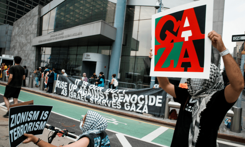 People protest in support of Palestinians in Gaza in front of the US Mission to the United Nations during a Security Council meeting at UN headquarters in New York City, US on August 5, 2025. &mdash; Reuters