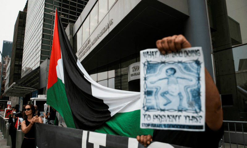 People protest in support of Palestinians in Gaza in front of the US Mission to the United Nations during a Security Council meeting at UN headquarters in New York City, US on August 5, 2025. &mdash; Reuters