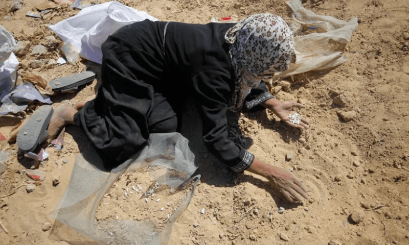 A Palestinian woman tries to pick rice, lentils, and beans out of sand, from aid packages dropped from the air and scattered upon impact in Gaza City. — Anadolu Agency
