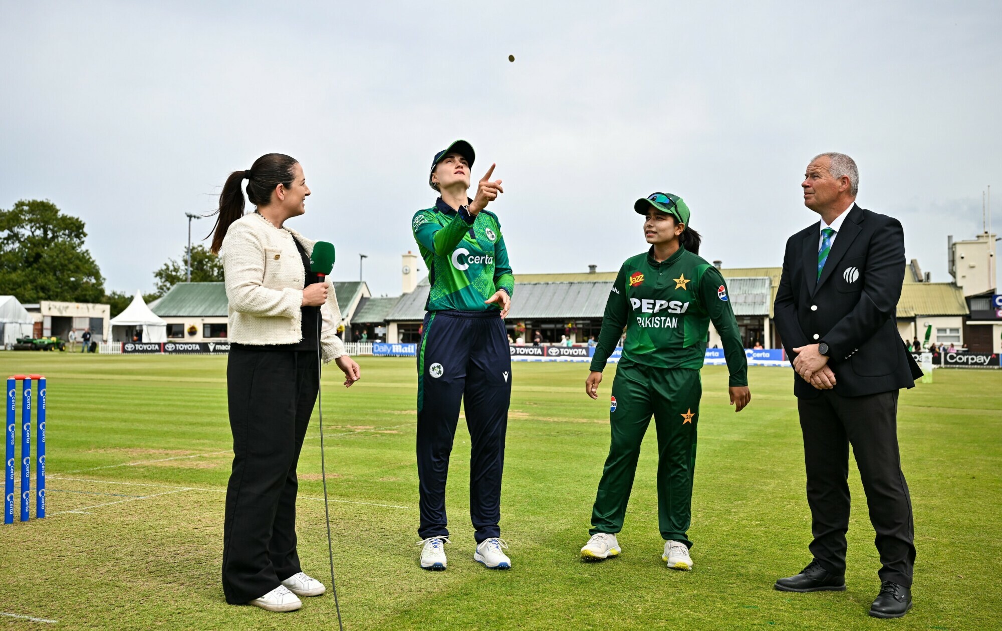Pakistan captain Fatima Sana and Ireland captain Gaby Lewis at the toss in Dublin on August 6. — X/PCB