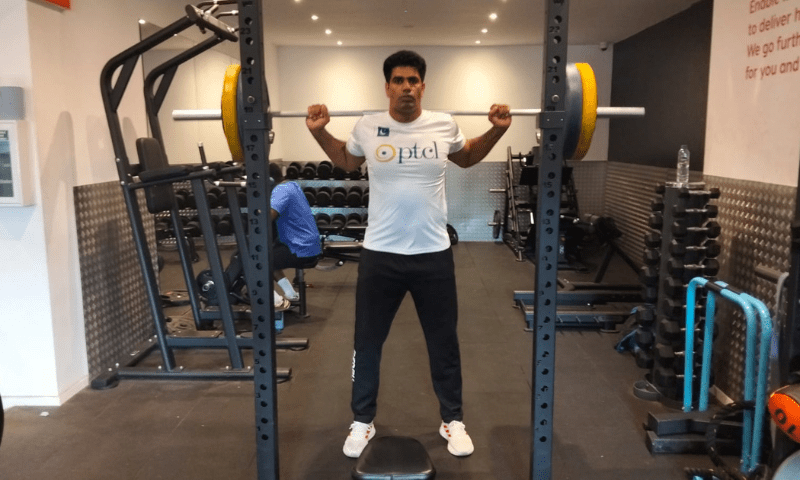 Arshad Nadeem trains in London after undergoing calf surgery last month. — Photo via author