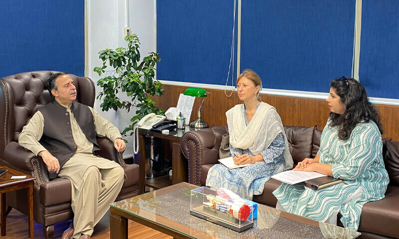 Federal Minister for Maritime Affairs, Muhammad Junaid Anwar Chaudhry, talking to Unesco representative, Dr Cristina Menegazzi, who called on him on August 8, 2025 in Islamabad. &mdash; Press Information Department
