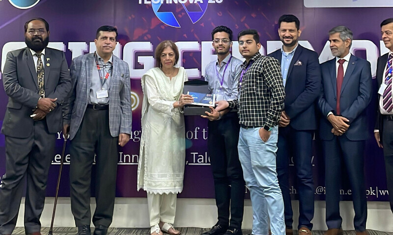 The winners of the startup launchpad competition receive their award at IoBM in Karachi on July 27. &mdash; Photo via author