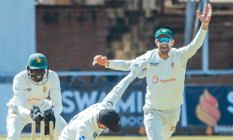 New Zealand play against hosts Zimbabwe on the second day of the second Test at the Queens Sports Club on Aug 8, 2025. &mdash; X/ZimCricketv