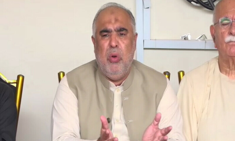 PTI senior leader Asad Qaiser addresses a press conference in Islamabad on August 10. — DawnNewsTV PTI senior leader Asad Qaiser addresses a press conference in Islamabad on August 10. — DawnNewsTV