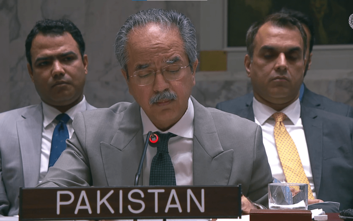 Permanent Representative of Pakistan to the UN, Ambassador Asim Iftikhar Ahmad, speaks at the emergency meeting of the Security Council on Israel&rsquo;s plans to control Gaza City on August 10. &mdash; screengrab via UNTV