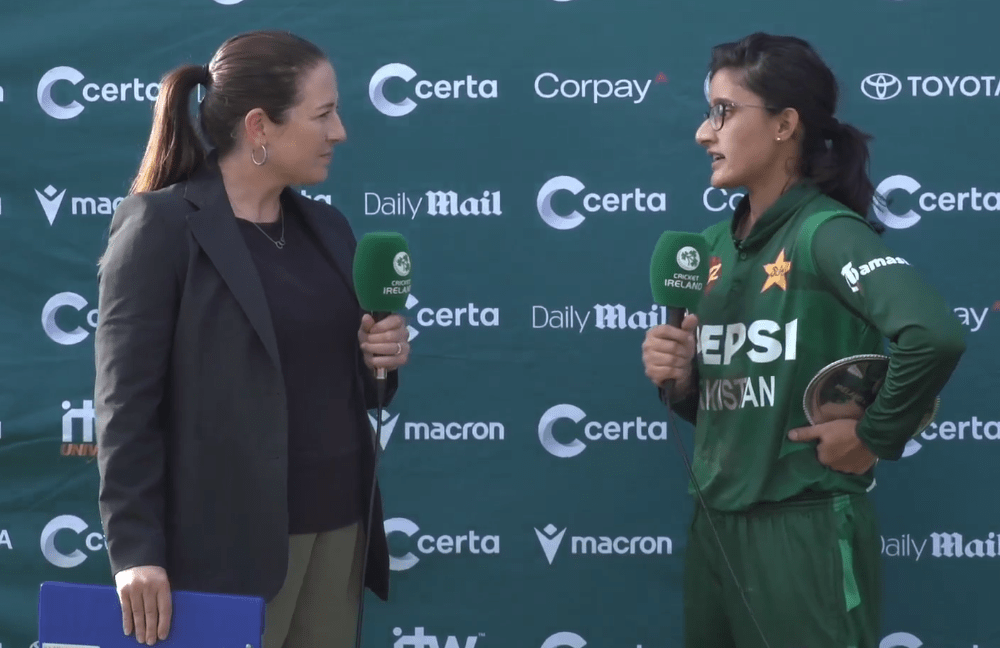 Player of the match Muneeba Ali speaking at the post-match ceremony in Dublin on August 10. — screengrab via Tapmad