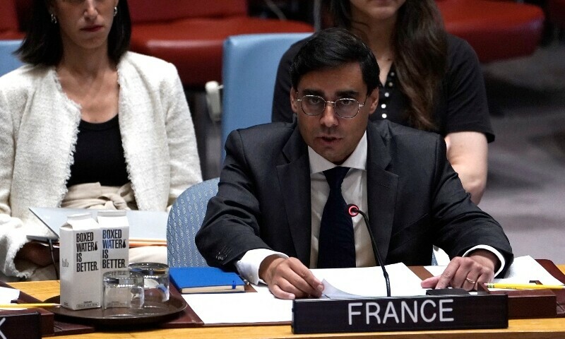 French Deputy Ambassador to the UN Jay Dharmadhikari speaks during an emergency UN Security Council meeting on the situation in Gaza at United Nations headquarters on August 10 in New York. &mdash; AFP