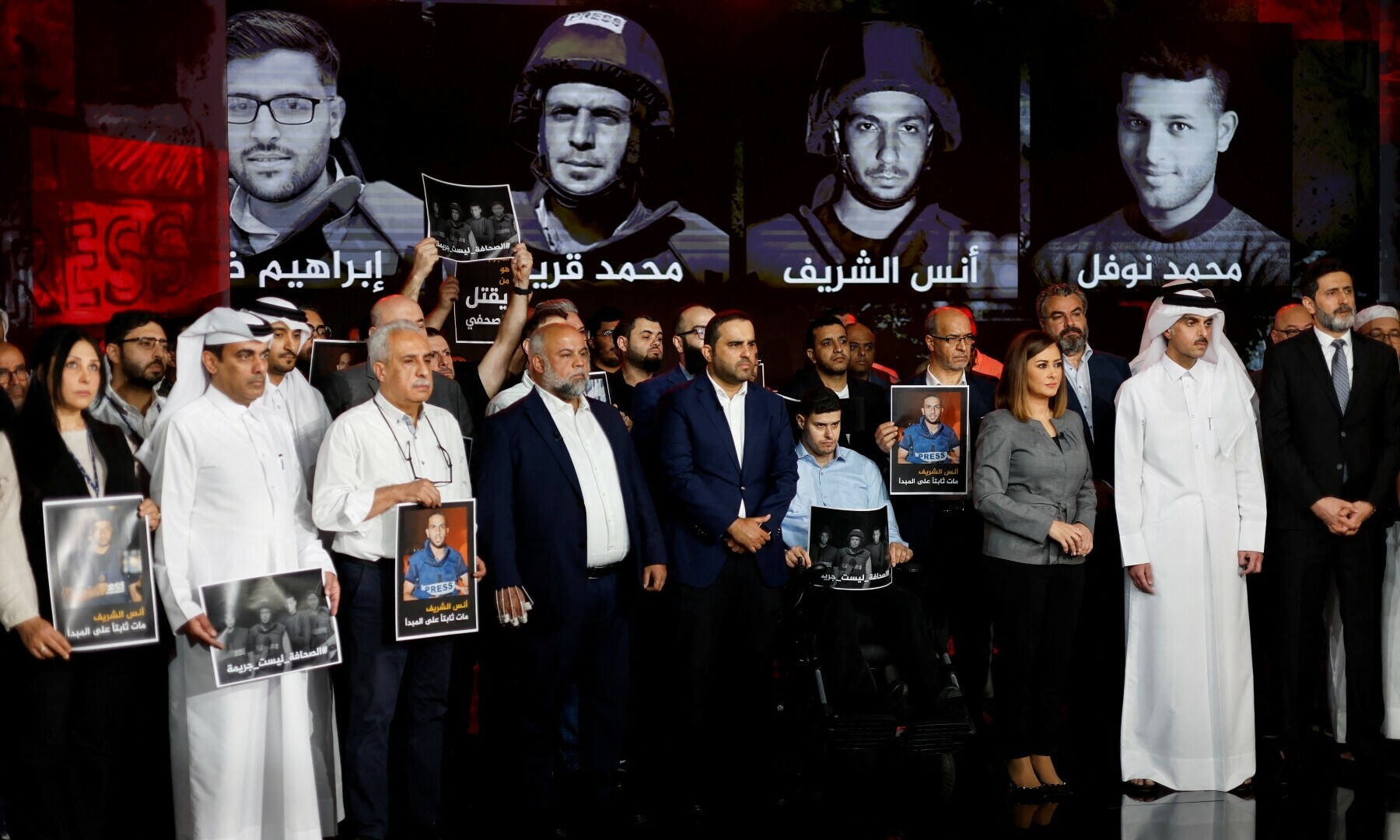 Al Jazeera staff members gather at the network&rsquo;s studios, to remember their colleagues Anas Al Sharif, Mohammed Qreiqeh, Ibrahim Zaher, Mohammed Noufal and another colleague, in Doha, Qatar, August 11. &mdash; Reuters