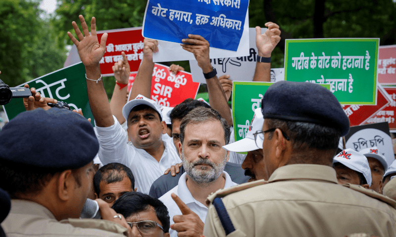 Rahul Gandhi, lawmaker and leader of India&rsquo;s main opposition Congress party, is stopped by police along with other lawmakers during a protest against what they say are electoral malpractices, in New Delhi, India on Aug 11, 2025. &mdash; Reuters/Adnan Abidi
