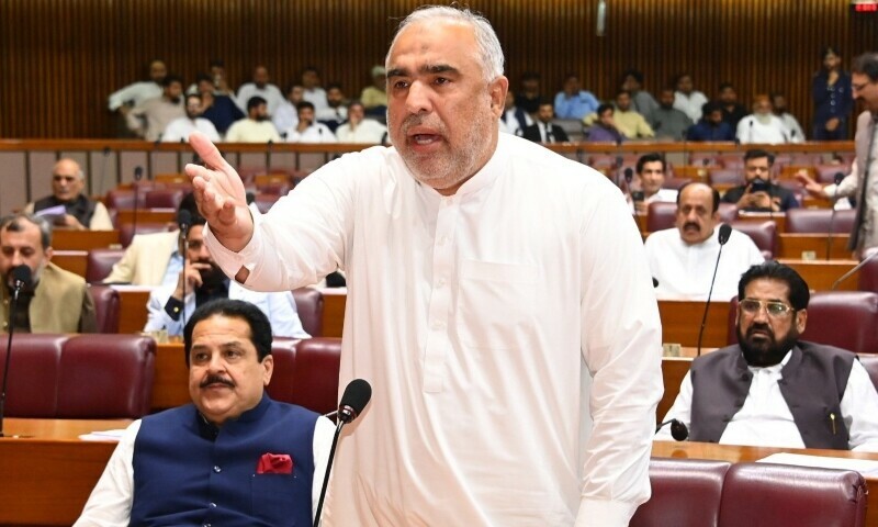 PTI leader Asad Qaiser speaks during the National Assembly session on August 10. &mdash; X/@NAofPakistan