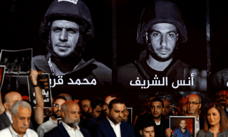  Al Jazeera staff members gather at the network&rsquo;s studios, to remember their colleagues Anas Al Sharif, Mohammed Qreiqeh, Ibrahim Zaher, Mohammed Noufal and another colleague, who were killed in Gaza City by an Israeli strike, in Doha, Qatar on August 11, 2025. &mdash; Reuters 