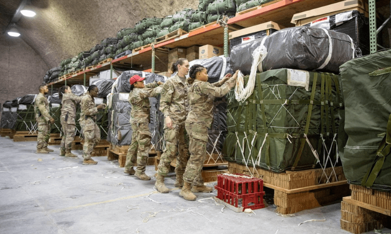  US Air Force members work on the preparation of a humanitarian aid drop for Gaza residents, in this picture released on March 5, 2024. &mdash; Reuters/File 