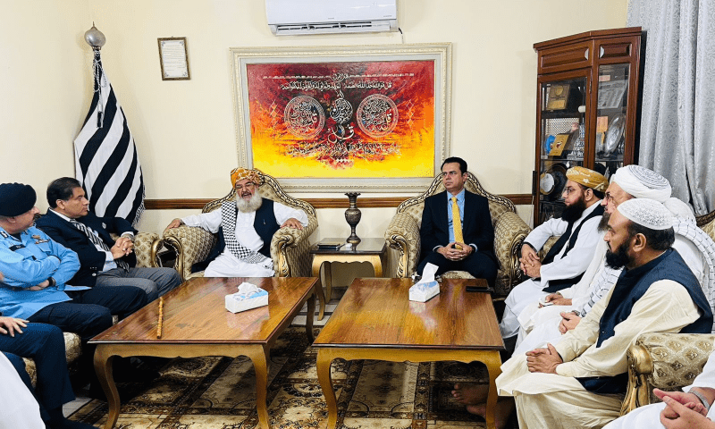 Minister of State for Interior Tallal Chaudhry, along with Islamabad commissioner, DC and IG, holds negotiations with a delegation of clerics led by JUI-F&rsquo;s Maulana Abdul Ghafoor Haideri and including a leader of the banned Sipah-i-Sahaba.