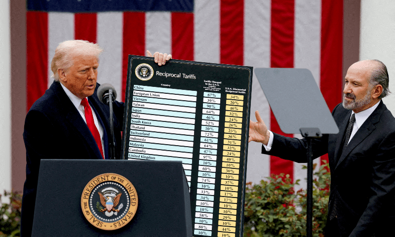 US President Donald Trump holds a chart next to US Secretary of Commerce Howard Lutnick as Trump delivers remarks on tariffs in the Rose Garden at the White House in Washington DC, US, on April 2, 2025. &mdash; Reuters/File