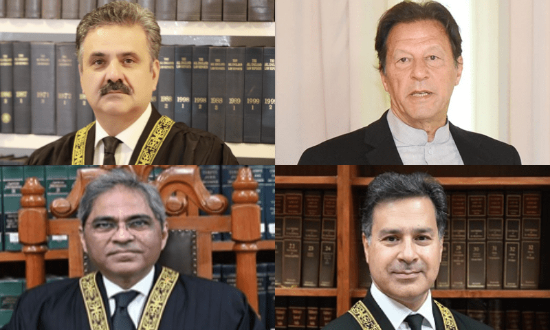 This photo combo shows (clockwise) Chief Justice of Pakistan Yahya Afridi, ex-PM Imran Khan, Justice Miangul Hassan Aurangzeb and Justice Muhammad Shafi Siddiqui. &mdash; SC website/PID/File