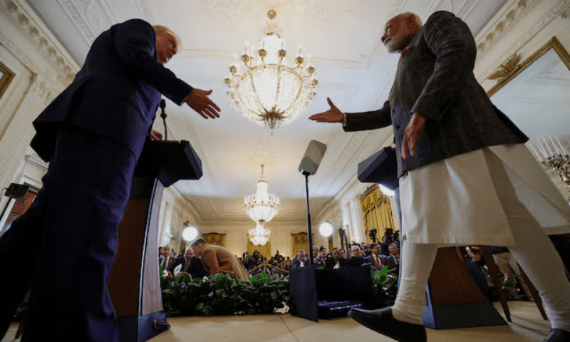 US President Donald Trump and Indian Prime Minister Narendra Modi prepare to shake hands as they attend a joint press conference at the White House in Washington, DC, US on February 13, 2025. &mdash; Reuters/File