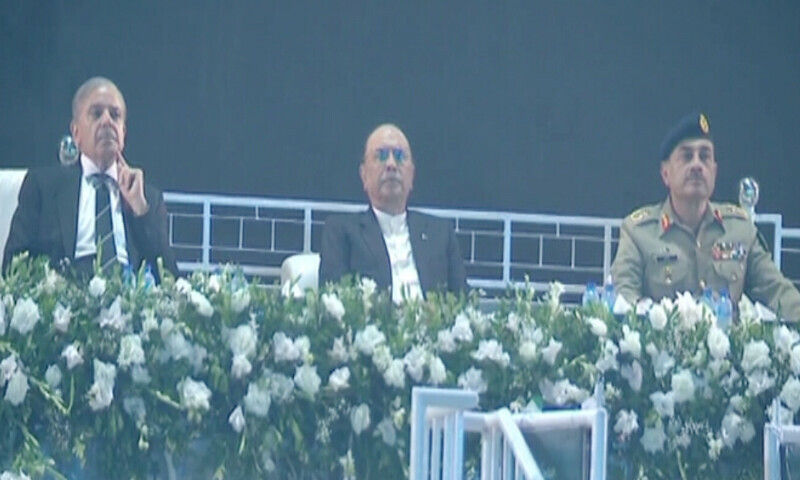 Prime Minister Shehbaz Sharif, President Asif Ali Zardari and Chief of Army Staff Field Marshal Asim Munir attend an event to mark Marka-i-Haq and Independence Day in Islamabad on Wednesday. &mdash; DawnNewsTV