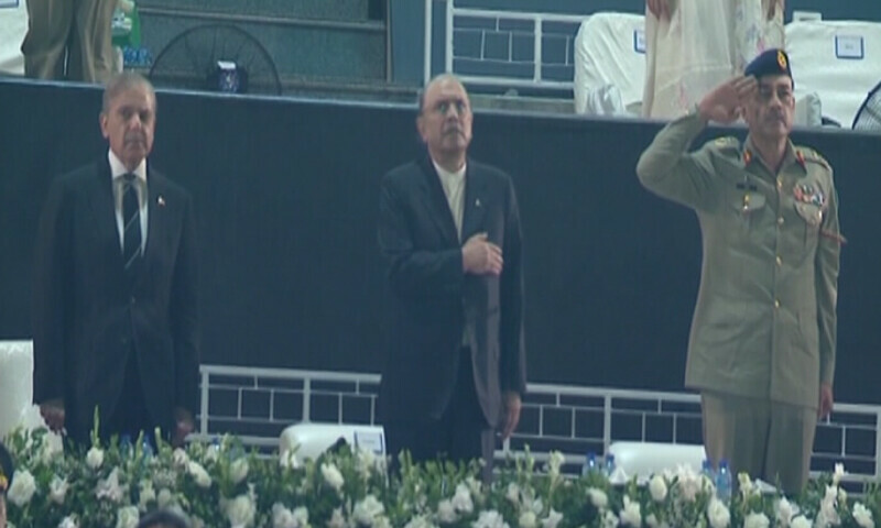 Prime Minister Shehbaz Sharif, President Asif Ali Zardari and Chief of Army Staff Field Marshal Asim Munir attend an event to mark Marka-i-Haq and Independence Day in Islamabad on Wednesday. &mdash; DawnNewsTV