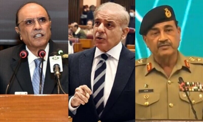 This combination photo shows President Asif Ali Zardari (L), Prime Minister Shehbaz Sharif (C) and Chief of Army Staff Field Marshal Syed Asim Munir (R). — DawnNews/File This combination photo shows President Asif Ali Zardari (L), Prime Minister Shehbaz Sharif (C) and Chief of Army Staff Field Marshal Syed Asim Munir (R). — DawnNews/File