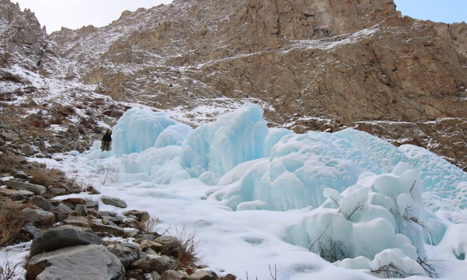 Ice stupas, or artificial glaciers, are increasingly being used by communities in Gilgit-Baltistan to tackle strains on its water supply. But experts say that, while a smart seasonal solution for water scarcity, they are not a substitute for long-term water management strategies (Image: UNDP)