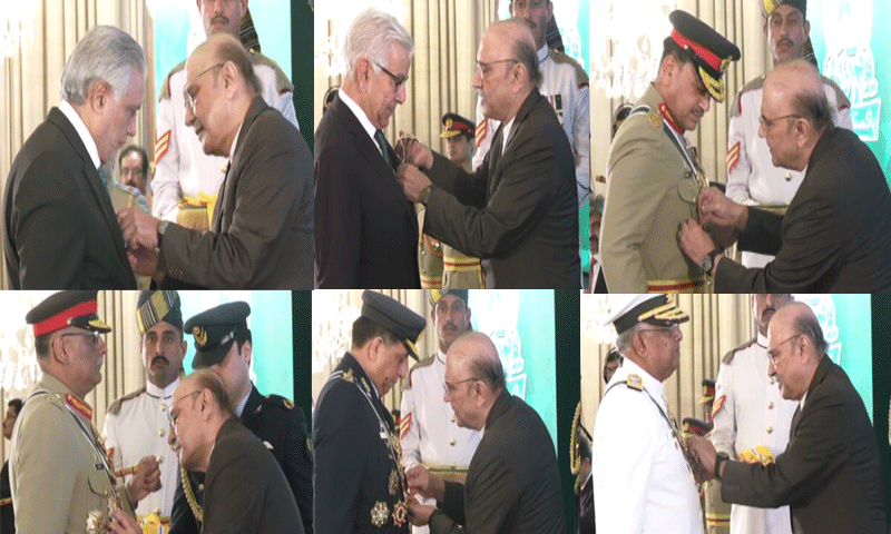 A combination photo shows Deputy Prime Minister and Foreign Minister Ishaq Dar, Defence Minister Khawaja Asif, Chief of Army Staff Field Marshal Asim Munir, Chairman of the Joint Chiefs of Staff Committee Gen Shair Shamshad Mirza, Air Chief Marshal Zaheer Ahmed Babar Sidhu and Navy Chief Admiral Naveed Ashraf receiving national awards during a ceremony at the Presidency on August 14. &mdash; DawnNewsTV