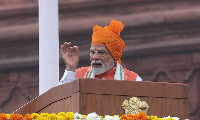 Indian Prime Minister Narendra Modi addresses the nation during Independence Day celebrations at the Red Fort in New Delhi, India on August 15. &mdash; Reuters