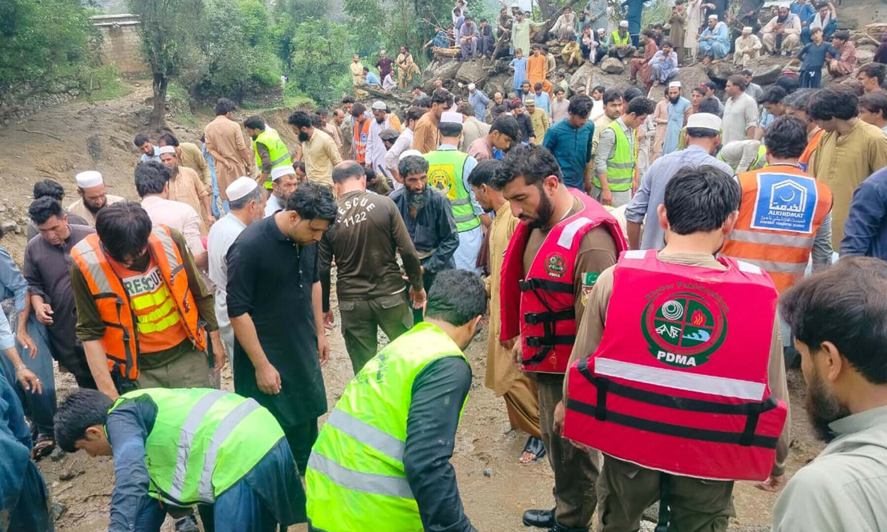  Rescue 1122 officials are busy in rescue operations after landslides and flash floods caused by heavy rains, in Salarzai Tehsil of KP’s Bajaur on Aug 15, 2025. — PPI Images 