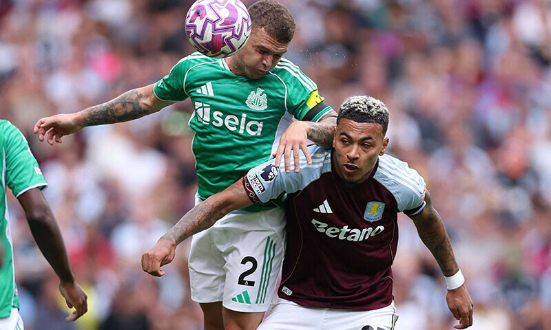 Newcastle United’s English defender Kieran Trippier (L) vies with Aston Villa’s English midfielder Morgan Rogers (R) during the English Premier League football match between Aston Villa and Newcastle United at Villa Park in Birmingham, central England on August 16. — AFP