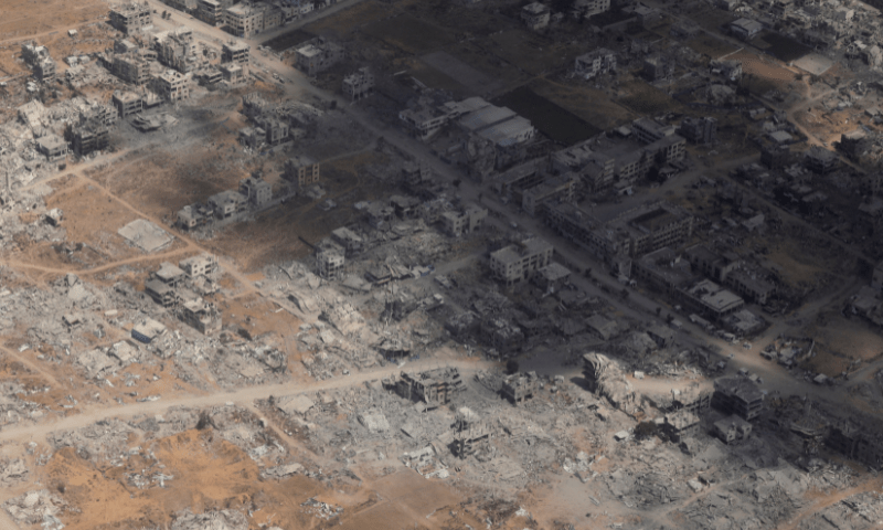  An aerial view from a Jordanian military aircraft shows the Gaza Strip, before humanitarian aid is airdropped over it, in Gaza on August 17, 2025. &mdash; Reuters 