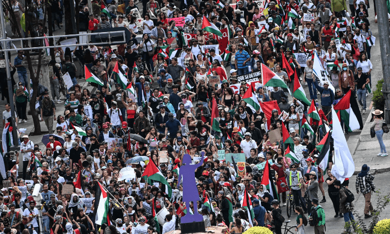  Members of the Global Movement for Palestine rally against Israel&rsquo;s actions and the ongoing food shortages in the Gaza strip, in Mexico City on August 17, 2025. &mdash; AFP 