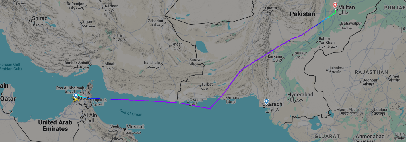 Flight path of Flydubai flight FZ335 from Dubai to Karachi diverted to Multan on August 19. — Screengrab via FlightRadar24