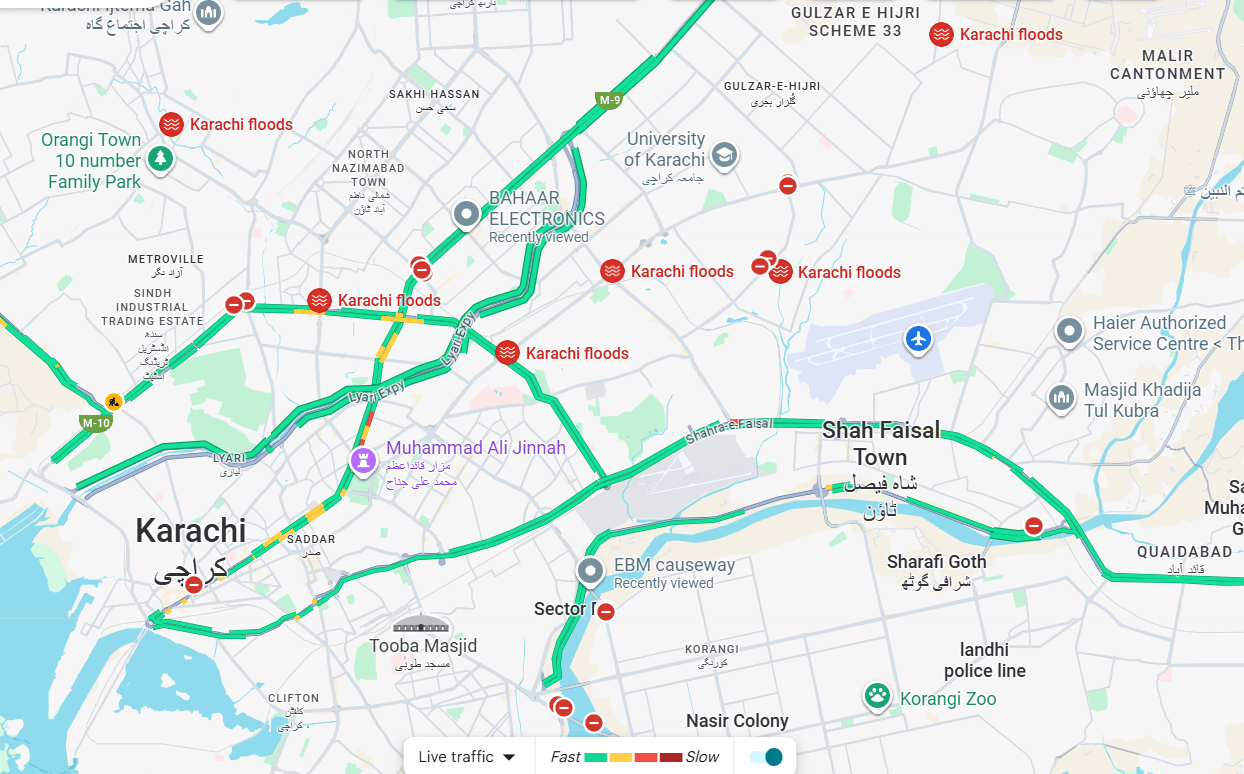  This Google Map screengrab shows road blockades across Karachi on Aug 20, 2025 as of 4:50pm, a day after heavy rainfall led to flooding in various areas. 