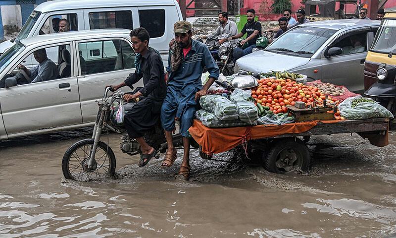 Vegetable vendors ride on their cart through a flooded street after rainfall in Karachi, August 21. &mdash; AFP