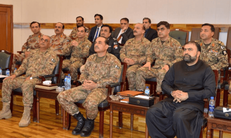 Chief of Army Staff (COAS) Field Marshal Asim Munir sits next to Balochistan Chief Minister Sarfraz Bugti during his visit to Turbat. &mdash; ISPR