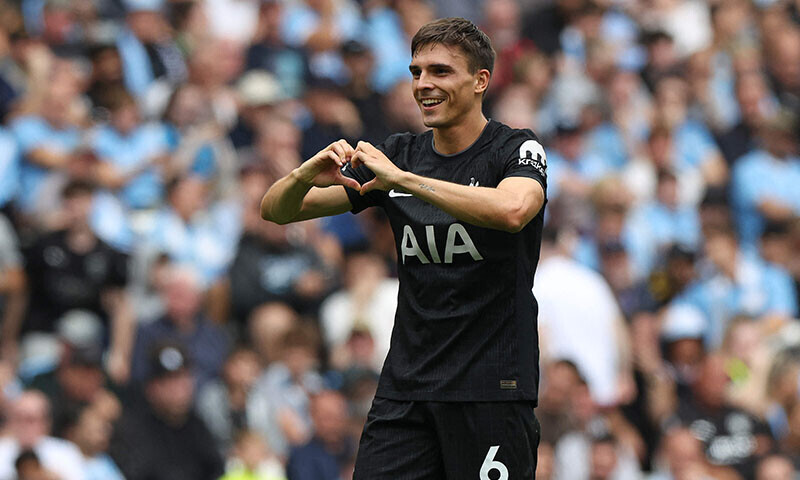 Tottenham Hotspur’s Portuguese midfielder Joao Palhinha celebrates scoring the team’s second goal during the English Premier League football match against Manchester City at the Etihad Stadium in Manchester, northwest England, August 23. — AFP