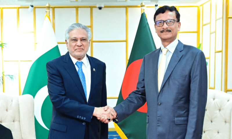 Deputy Prime Minister Ishaq Dar and Bangladesh Foreign Adviser Md Touhid Hossain shake hands during a meeting in Dhaka on Aug 24, 2025. — X/ForeignOfficePk