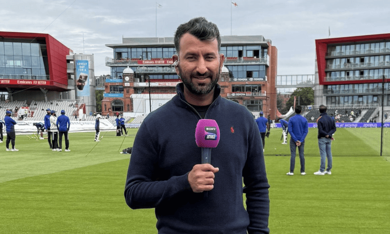 Indian batsman Cheteshwar Pujara on the ground while working with Sony Network during the Test series between India and England in England on Aug 4, 2025. &mdash;X/cheteshwar1